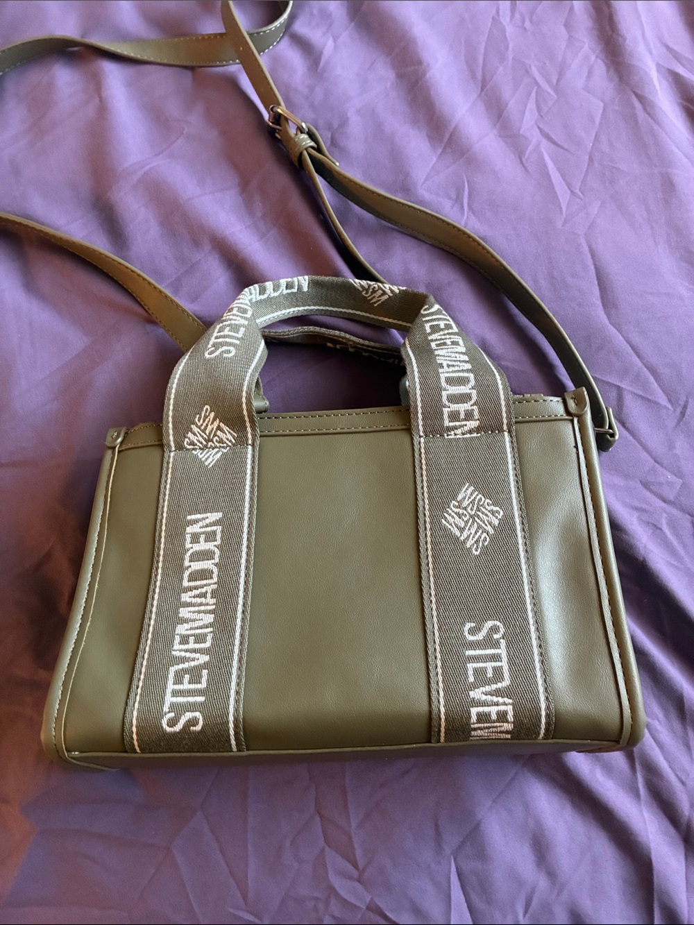 Steve Madden Olive Green Faux-Leather Messenger Bag with Branded Webbing
